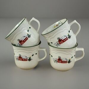 4 Pfaltzgraff Snow Village Tea Cup Coffee Mug Angel Barn Cow 3.25T x 3"D 4.25 W